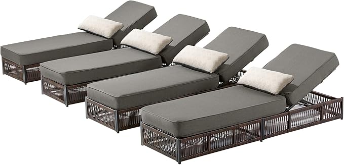 ACTREST Luxury Outdoor Chaise Lounges with 5 Inch Thickened Cushions - Set of 4 High Back Brown Wicker Patio Recliners Rattan Reclining Chairs Porch Poolside Pool Sunbathing Lounger- Grey