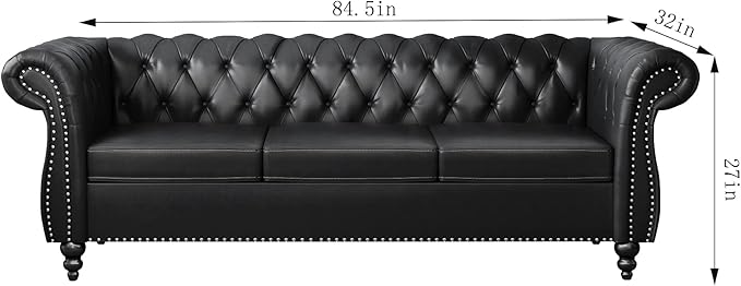 QHITTY Accent Large Sofa, Chesterfield Couch 3 Seater Modern Leather Couch Upholstered Sofa with Tufted Back for Living Room Furniture (Black)