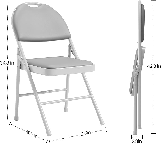 GAOMON 4 Pack Folding Card Chairs, Thickened Padded PU Cushion, Metal Legs and Non-Slip Feet Pads, Portable Stackable Commercial Seat for Events, Office, Wedding, Party, Gray
