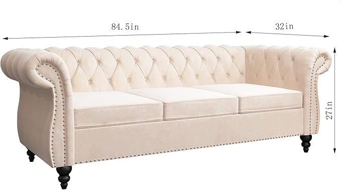 QHITTY Accent Large Sofa, Chesterfield Couch 3 Seater Modern Velvet Couch Upholstered Sofa with Tufted Back for Living Room Furniture (Beige)