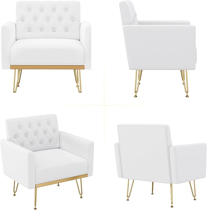 Accent Chair for Living Room, Comfy Oversized Velvet Upholstered Arm Chairs, Mid Century Modern Reading Single Sofa Side Chair with Tufted Back and Gold Legs for Bedroom (1, Pure White)