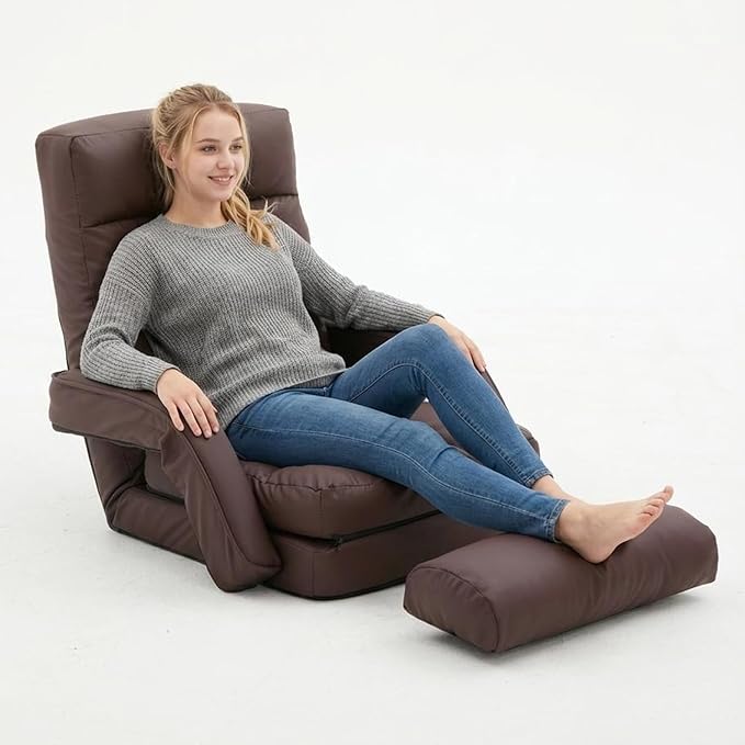 FLOGUOR 14-Position Adjustable Floor Chair, Chaise Lounge Indoor, Folding Lazy Sofa with Armrests and a Pillow Padded Adults Gaming Chairs for Living Room, Bedroom Factory Price,8803 (Coffee(PU))