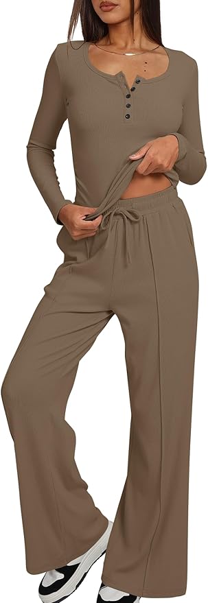 Darong Womens 2 Piece Matching Lounge Sets 2026 Long Sleeve Henley Shirts Wide Leg Pants Airport Travel Outfits
