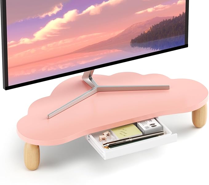 AFOOYO Monitor Stand Riser,Cloud-Shaped Sturdy Wood Computer Monitor Riser Wirh Drawer, Monitor Stand Riser, Multi-Purpose Desktop Organizer Riser for Computer,Laptop,Printer,TV,Pink