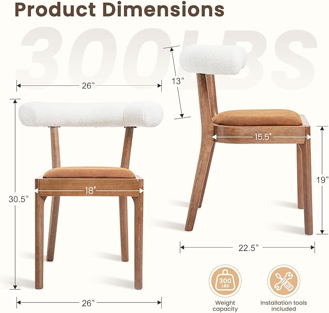Kmax Dining Room Chairs, Mid-Century Modern Leather Kitchen Chairs with Natural Walnut Finished Frame, Fur White Curved Back, Set of 4, PU Brown
