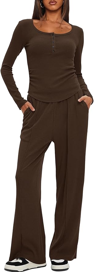 Darong Womens 2 Piece Matching Lounge Sets 2026 Long Sleeve Henley Shirts Wide Leg Pants Airport Travel Outfits