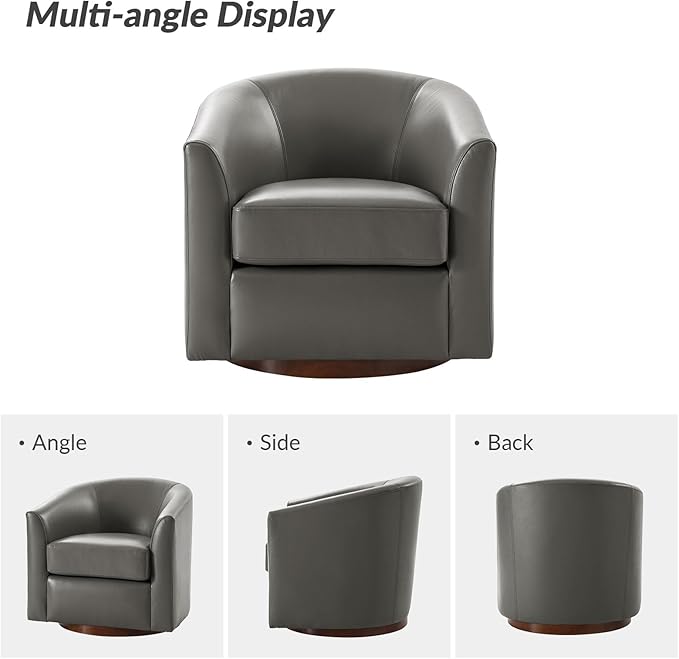 HULALA HOME Genuine Leather Swivel Accent Chairs Set of 2 with Solid Wood Base, Round Swivel Barrel Chairs for Living Room and Bedroom, No Assembly Required, Grey