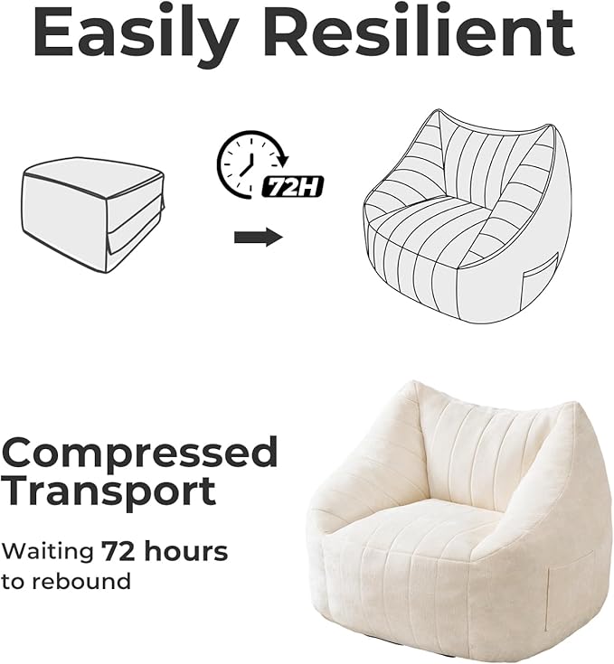 Giant Bean Bag Chair for Adults,Oversized Bean Bag with Filling Plush Fluffy,BeanBag Floor Sofa Chair with with Back Support for Living Room, Bedroom, Reading, Lvory
