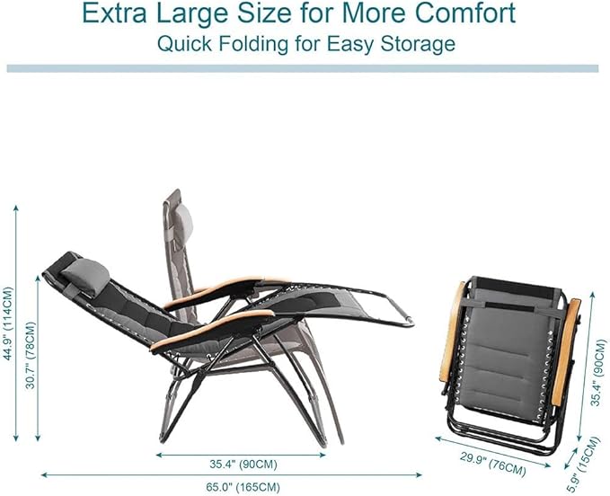 PHI VILLA XXL Oversized Padded Zero Gravity Chair, Foldable Patio Recliner, 30" Wide Seat Anti Gravity Lounger with Cup Holder, Support 400 LBS (Gray)