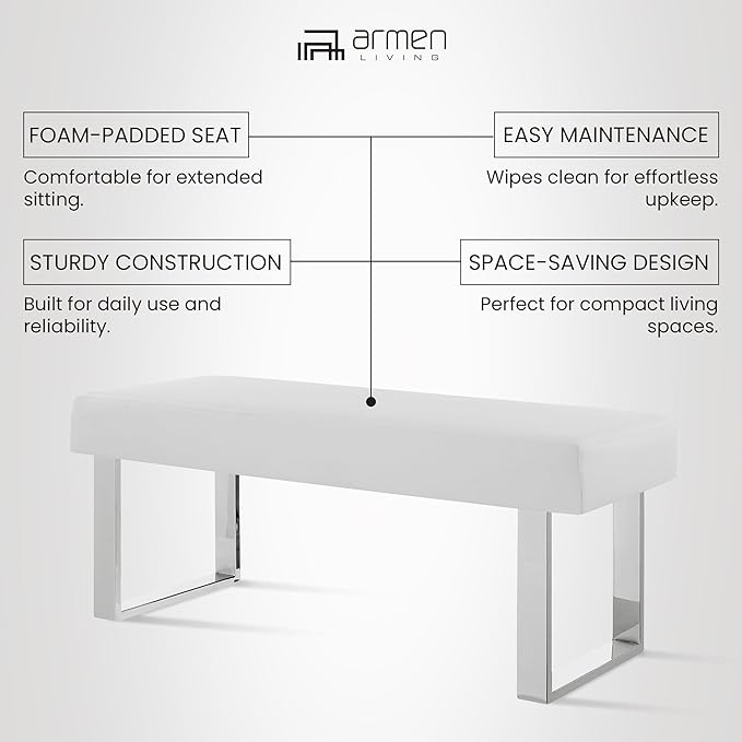 Armen Living Amanda Bench in White and Chrome Finish 48"x18"x19"