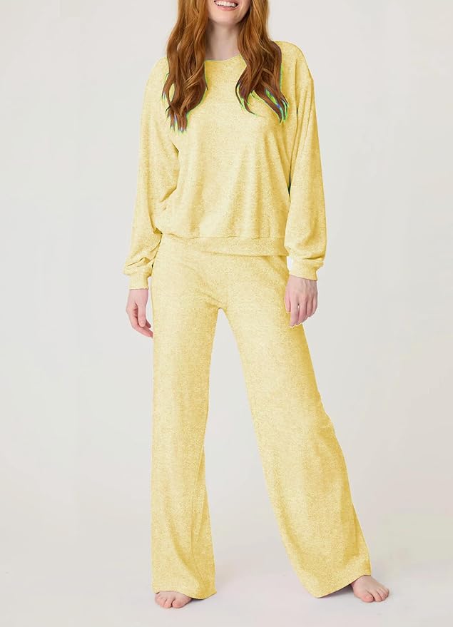 Aamikast Women's 2-Piece Lounge Set Soft Brushed Jersey Sleepwear Pajamas Set Long Sleeve Top & Wide Leg Pants