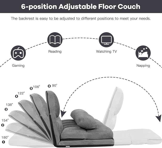 KOMFOTT Adjustable Floor Sofa Bed, Foldable Lazy Sofa Sleeper with 6 Position Backrest & 2 Pillows, Convertible Futon Couch with Suede Cloth Cover, Lounge Recliner for Living Room