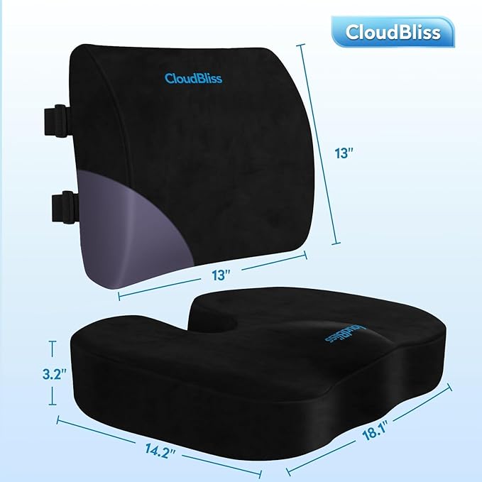 CloudBliss Seat Cushion,Office Chair Cushion,Car Seat Cushions,Lumbar Support Pillow for Office Chair,Back Support Memory Foam Pillow Coccyx Cushions for Tailbone Pain,Sciatica Back Pain Relief Black