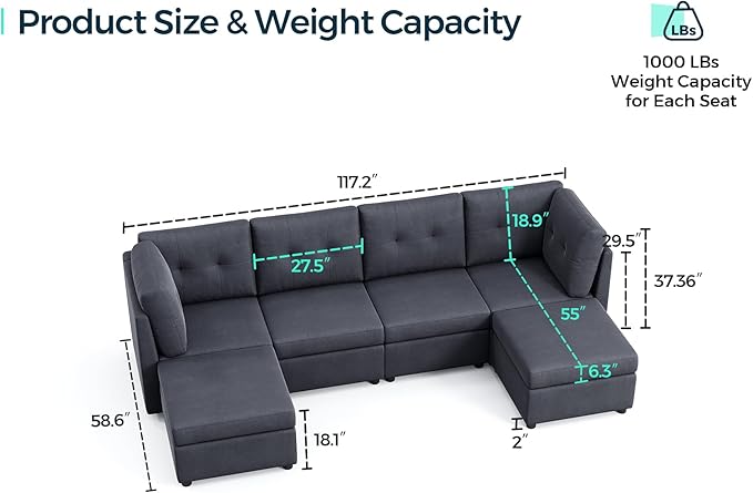 LINSY HOME Modular Sectional Sofa Oversized, Rubik III Removable Cover Living Room Couches with Storage Deep Seat & Ottoman Chaise L/U Shaped Sofa Modern Couch (Beige)