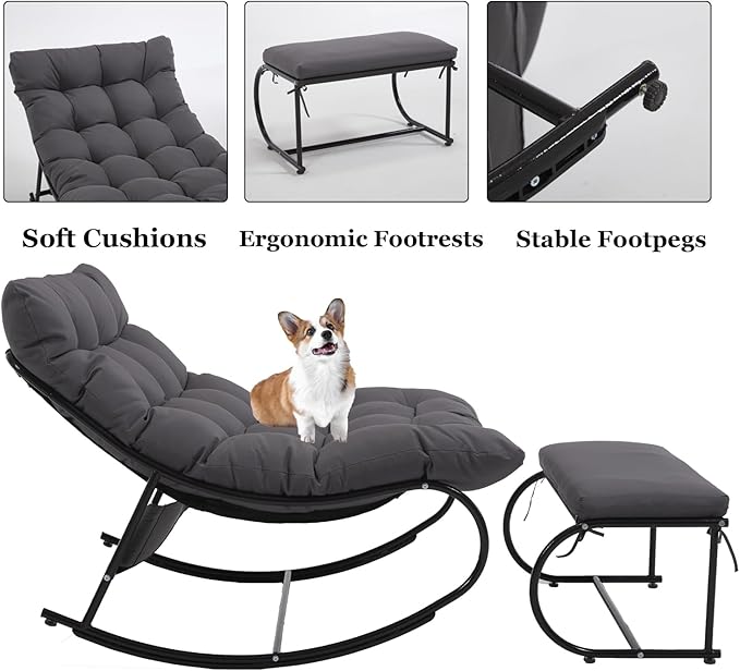 DAYAOUTDOOR 2 Piece Outdoor Rocking Chairs with Ottoman, Patio Oversized Rocking Egg Chair with Cushion, Papasan Chair Set of 2 for Outside, Outdoor Padded Chairs, Grey