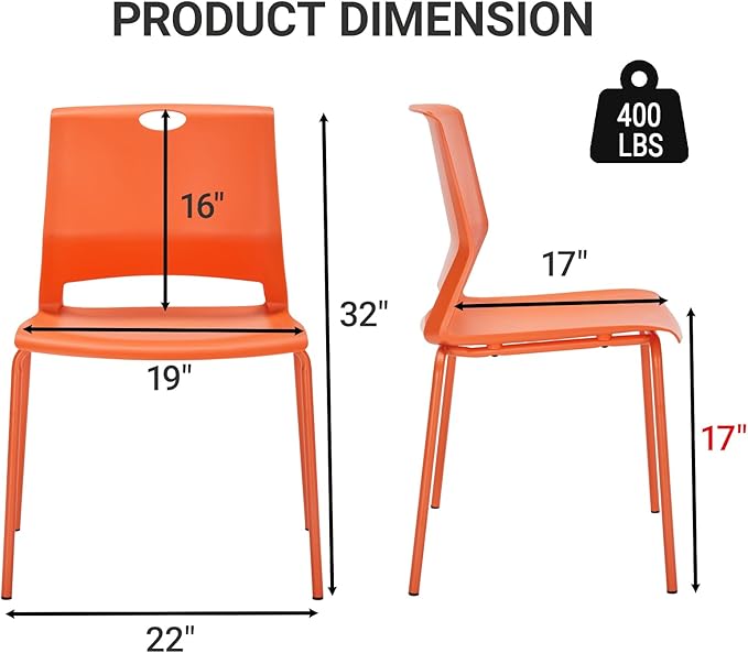 Sidanli Stackable Office Chairs, Orange Guest Chairs with Comfortable Streamline Seat, Stacking Chairs No Wheels for Conference Room, Set of 4.