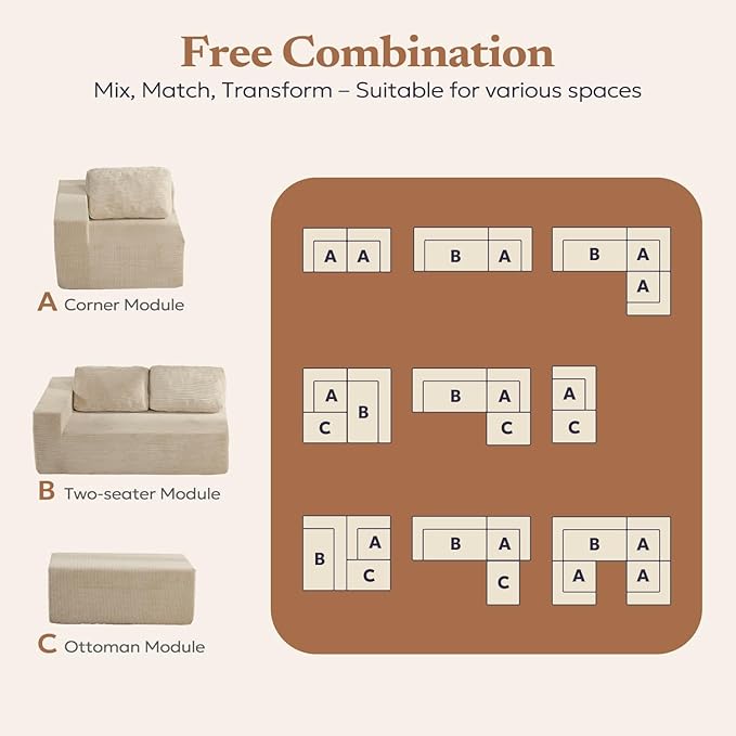 Furnify 40" Memory Foam Couch Footrest, Cloud Modular Sofa with Removable Cover, Upholstered Floor Sofa Ottoman, Upholstered Sofa for Bedroom Living Room, No Assembly Required (Corduroy Fabric, Beige)
