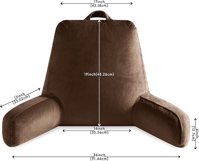 OAISZ Reading Pillow for Sitting in Bed Adult, Reading Pillow with Shredded Memory Foam, Back Pillow for Sitting Up with Extend Arms, Pockets, Bed Pillow with Washable Cover,Brown, X-Large
