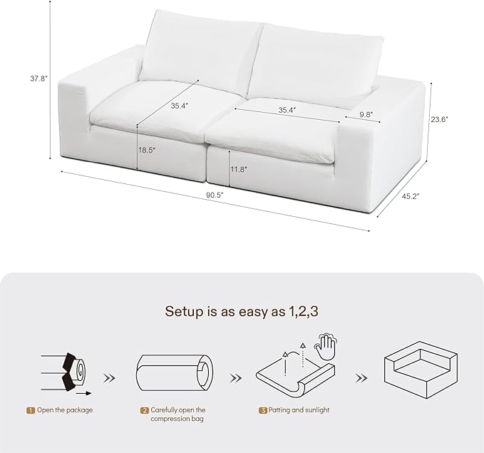 Vorthio Cloud Couch Sectional Oversized Modular Sofa with 35'' Deep Seat Boneless Couch Comfy Sofa Stain-Resistant White Sectional Couches for Living Room Apartment Loveseat