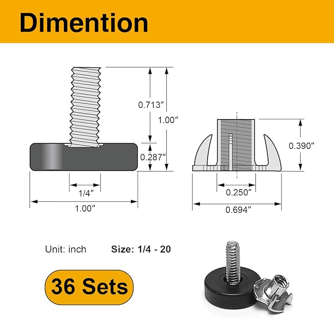 Mrosnail 36Pcs 1/4"-20 Adjustable Furniture Levelers, Leveling Feet Screw-in Chair With T-Nuts, Table Chair Leveler Glide for Furniture Leg Cupboard