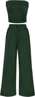 PRETTYGARDEN Womens Summer Outfits 2 Piece Sets Casual Ribbed Knit Crop Tube Top Wide Leg Pants Spring Matching Lounge Set