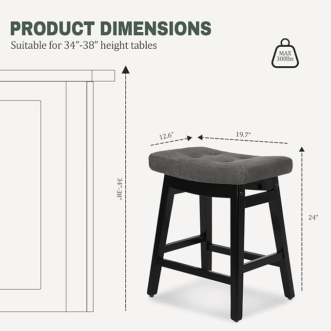 RNKSFX Counter Height Bar Stools Set of 4 for Kitchen Counter Farmhouse Modern Barstools with Faux Leather Upholstered Backless Seat and Solid Wood Legs 24 inch Bar Chairs, Grey + Black