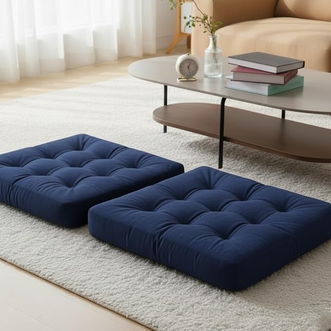 Velvet Floor Pillow Set of 2, Square Large Pillows Seating for Adults, Navy Tufted Cushions for Meditation, Yoga Tatami Living Room Chair, Machine-Washable & Dryer-Safe, Navy, 22x22 Inch