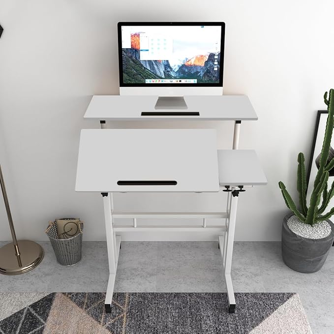 DlandHome Adjustable Rolling Sit-Stand Desk, Mobile Computer Desk Stand Up Workstation, White