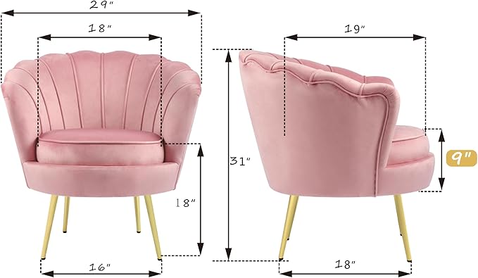 DAGONHIL Mid Century Modern Upholstered Accent Chair,Petal Vanity Chair,Retro Leisure Velvet Single Sofa with Golden Metal Legs for Living Room/Bedroom(Light Pink)