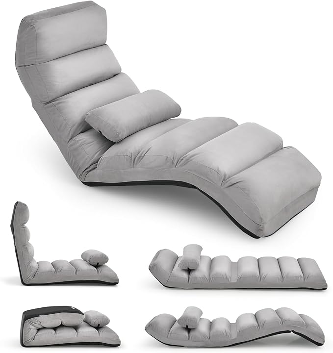 Moccha Floor Chairs for Adults, Adjustable 5-Position Floor Lounger w/Thick Padded & Pillow, No Assembly Folding Lazy Sofa Chair for Gaming, Light Weight Chaise Lounge (Without Armrest, Grey)