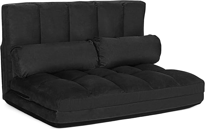 DORTALA Foldable Floor Sofa, 6-Position Adjustable Lounge Couch with 2 Pillows & Suede Cloth Cover, Modern Lounge Mattress Video Gaming Lazy Couch, Suede Floor Seating Sofa, 71" x 44.5", Black