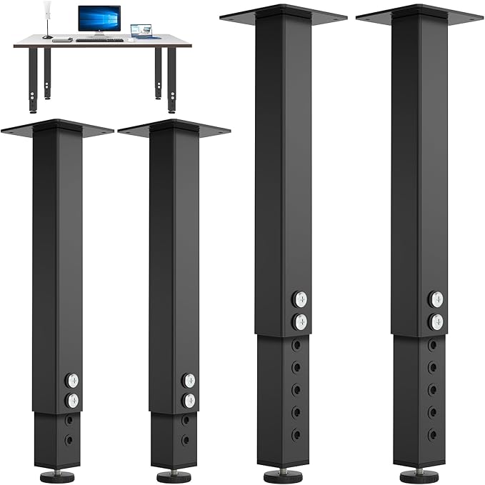 POROHOM 4PCS Adjustable Square Table Leg (14-24inch)，Metal Desk Legs, Home Office DIY Furniture Leg Set for Tables, DIY desks, Counter Tops, Kitchen Tables,Office Desk (Black)