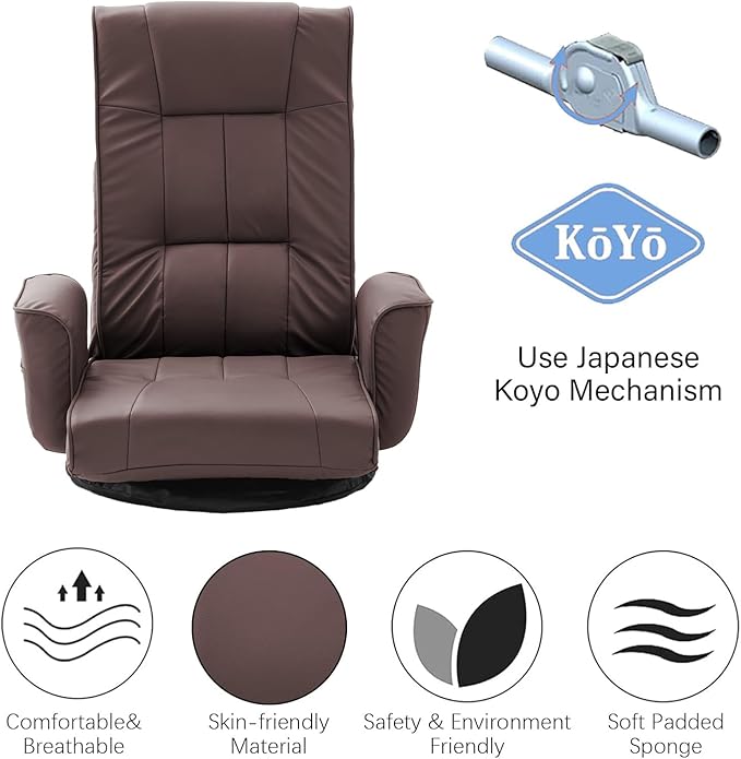 FLOGUOR 360° Swivel Gaming Floor Chair with Armrests – 14-Position Adjustable Folding Floor Sofa Lounger, Padded Backrest, Multi-Angle Recline for Home, Living Room & Office (Brown)