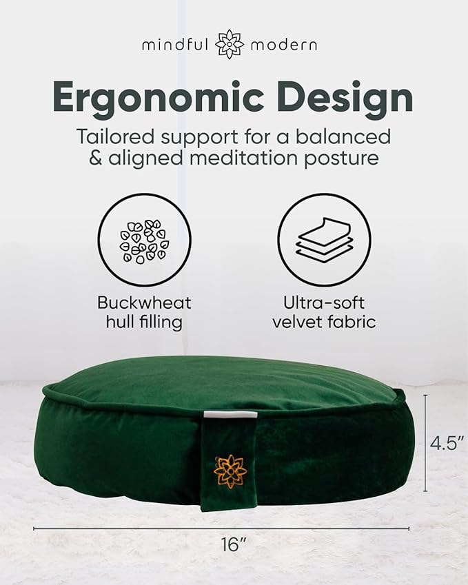 Mindful Modern Velvet Meditation Cushion | Luxe Zafu Yoga Floor Pillow Seat | Posture Support | Buckwheat Hull Filled | Large Round Cushion with Removable Washable Cover + Carry Handle