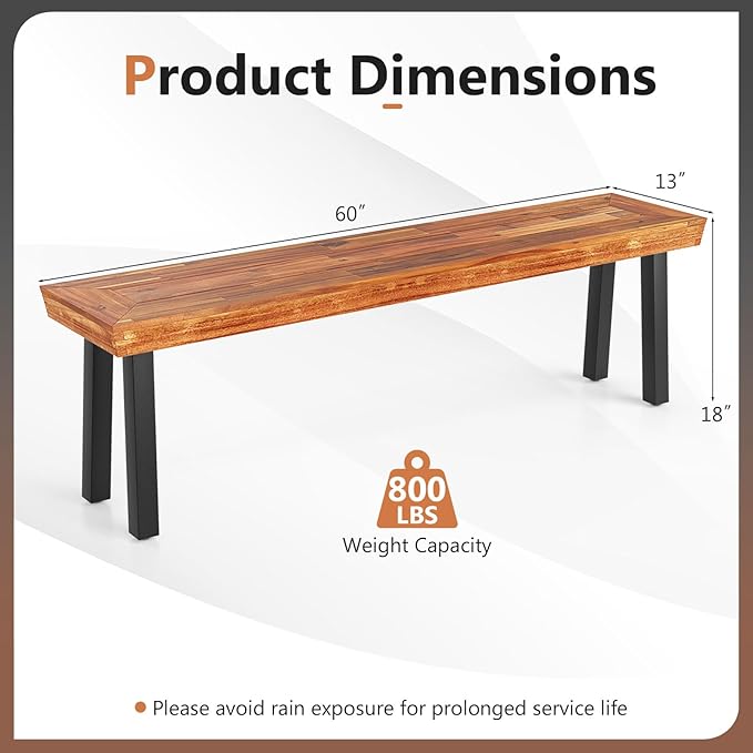 RELAX4LIFE 60’’ Outdoor Bench Acacia Wood, 3-Person Backless Patio Benches with Heavy Duty Metal Frame, Wooden Picnic Dining Garden Bench for Outside Backyard Park Porch, 800 LBS Weight Capacity