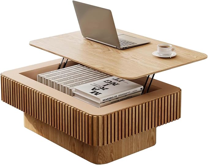 FGXJY Lift Coffee Table with Storage & Adjustable Height, Solid Wood Coffee Table Fluted Center Table Accent Tea Table or Living Room, Apartment, Office (38.6" Natural)