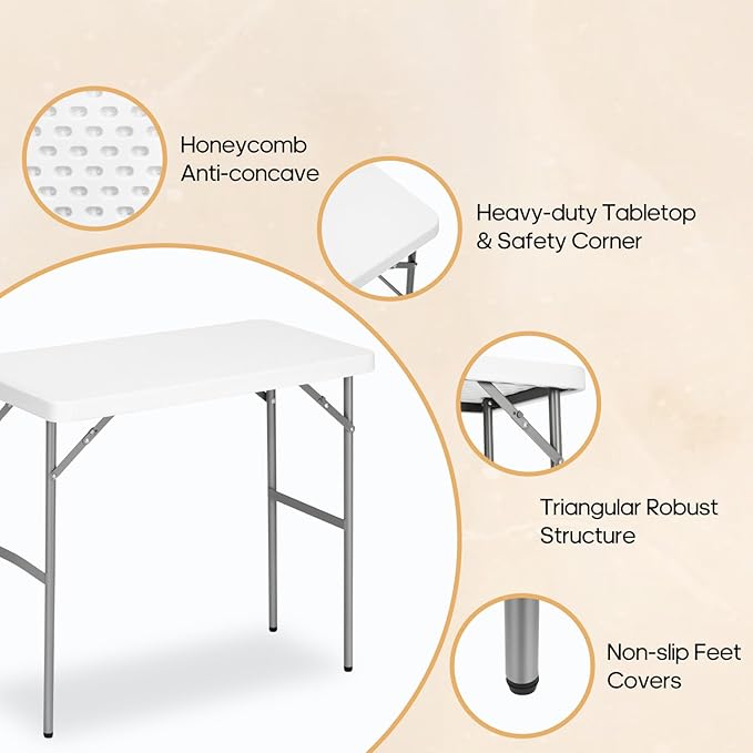 2.7ft Rectangular Folding Table for All-Occasion, Foldable Table with HDPE Tabletop and Steel Legs, Durable and Stable Small Folding Table, Perfect for Camping, Picnic, Party, Indoor & Outdoor