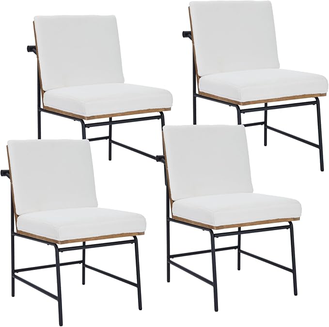 LukeAlon Mid Century Sherpa Dining Chairs Set of 4, Upholstered Square Back Kitchen Chairs with Metal Legs Armless Parsons Chairs with Wood Frame for Dining Room Reception Room, White