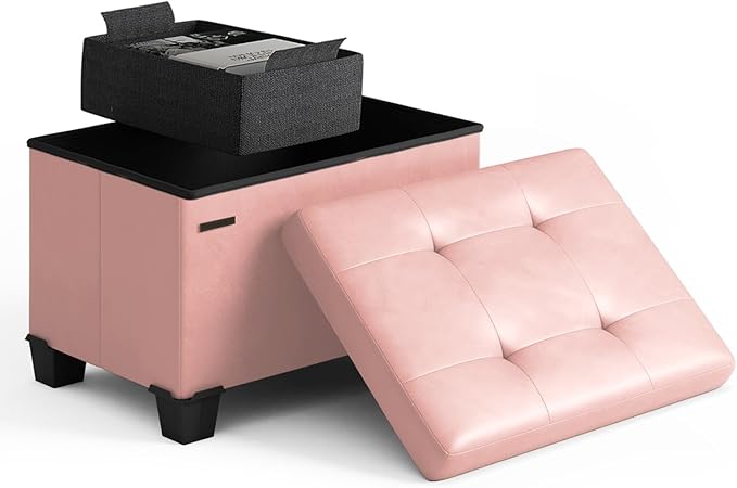 Storage Ottoman Cube with Small Bin, 16-in Square Ottoman with Storage for Living Room and Bedroom, Small Ottomans Foot Rest, Faux Leather Foot Stools Ottomans Max 330lbs, Pink