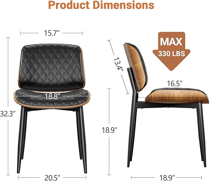YaFiti Dining Chairs Set of 6, FSC Certified Mid Century Modern Accent Dining Room and Kitchen Chairs, Upholstered PU Leather Diamond Check Chairs with Walnut Bentwood and Metal Legs, Black
