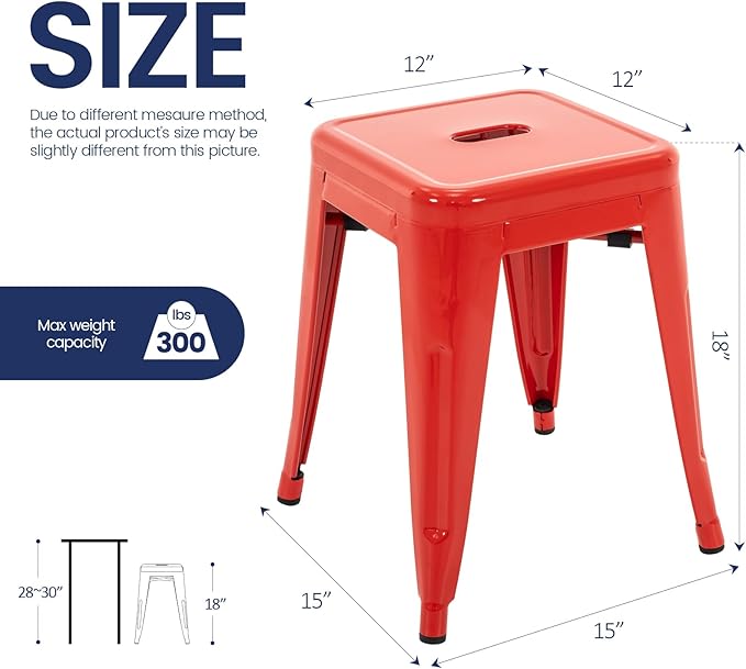 Brage Living 18 Inch Industrial Metal Stools Set of 4, Stackable Classroom Stools, Backless Metal Dining Chairs for Indoor Outdoor, Kitchen Short (Red)