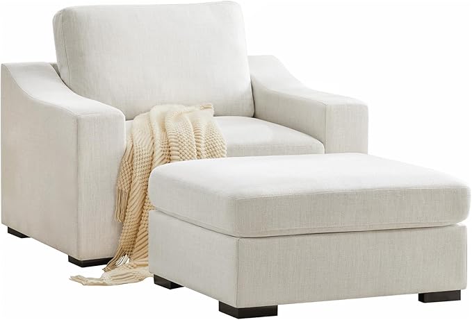 ELUCHANG 47" Oversized Single Sofa with Ottoman, Upholstered Chaise Lounge Comfy Sleeper Chair with Soild Wood Frame, Deep Seat Sofa Couch for Living Room Bedroom Apartment, Linen, White