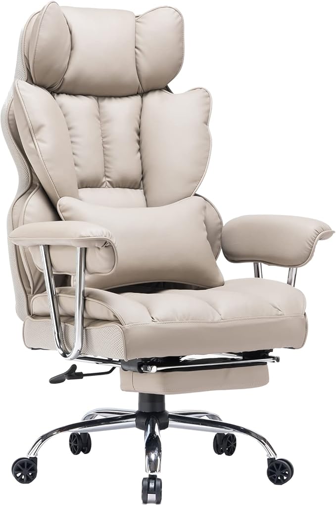 Efomao 400lbs Big and Tall Office Chair - 23.5" Wide Seat PU Leather Executive Desk Chair with Footrest, Heavy Duty Thickened Mechanism Computer Chair, Grey