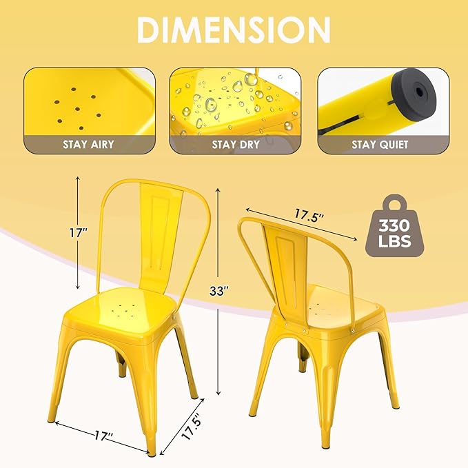 Metal Dining Chairs Set of 4,Stackable Tolix Chair Indoor/Outdoor for Kitchen,Cafe,Restaurant,Bistro & Patio Multiple Colors(Yellow)