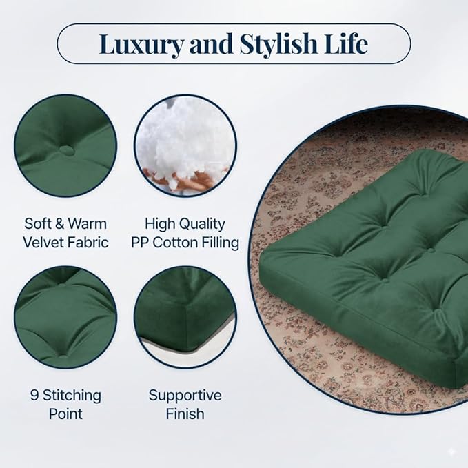 Velvet Floor Pillow Set of 2, Square Large Pillows Seating for Adults, Green Tufted Cushions for Meditation, Yoga Tatami Living Room Chair, Machine-Washable & Dryer-Safe, Green, 22x22 Inch