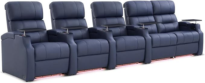 Weilianda Home Theater Seating, Top Grain Leather Sectional Seats Recliner Chair, Zero Gravity Reclining Sofa with Power Headrest 7 Colors Ambient Lighting USB C Charge Row of 5 Loveseat Right Blue