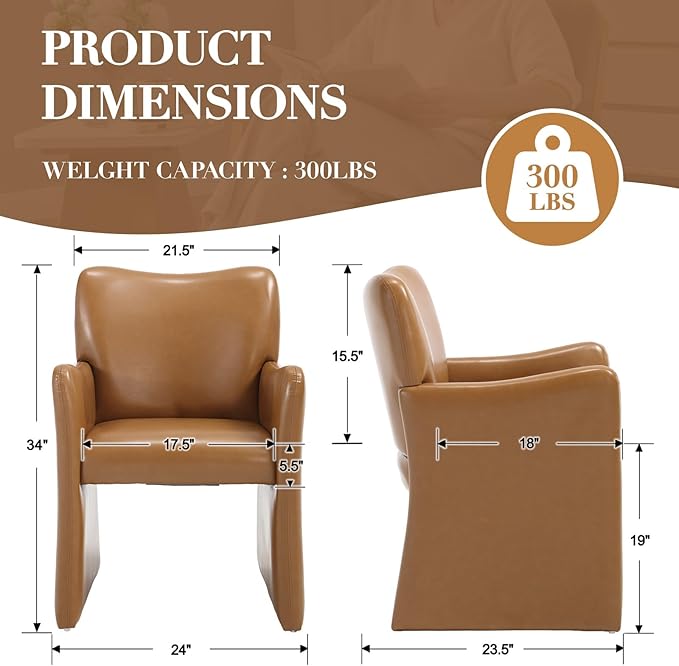 CIMOTA Brown Faux Leather Dining Chairs Set of 4, Upholstered Accent Chairs with Arms/Wood Legs, Comfortable Kitchen Chairs for Living/Reception/Dining Room