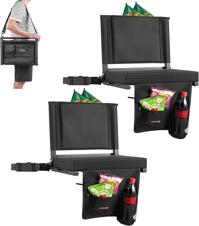 VEVOR Stadium Seat, Folding Bleacher Seat with Back Support and Thick Cushion, Padded Stadium Seats for Bleacher Includes Shoulder Strap, Hooks, Cup Holder, and Side Pocket, Black Bleachers Chair