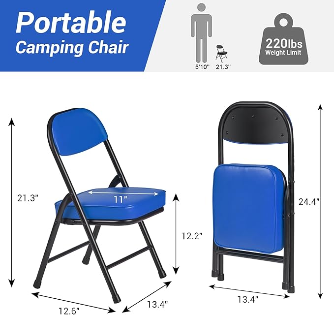 fusehome Mini Padded Folding Chairs, Garage Stool, Portable Camping Chair with Cushion, Lightweight Lawn Chair, for Outdoor Sports Events, Patio, Fishing, Hiking, Hunting, Picnic, Beach (Blue)