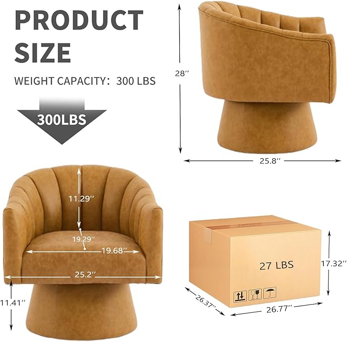 Swivel Accent Chair, Faux Leather 360° Swivel Barrel Chair Upholstered Modern Living Room Chair, Overstuffed Reading Armchair for Bedroom,Vanity,Office-Mustard